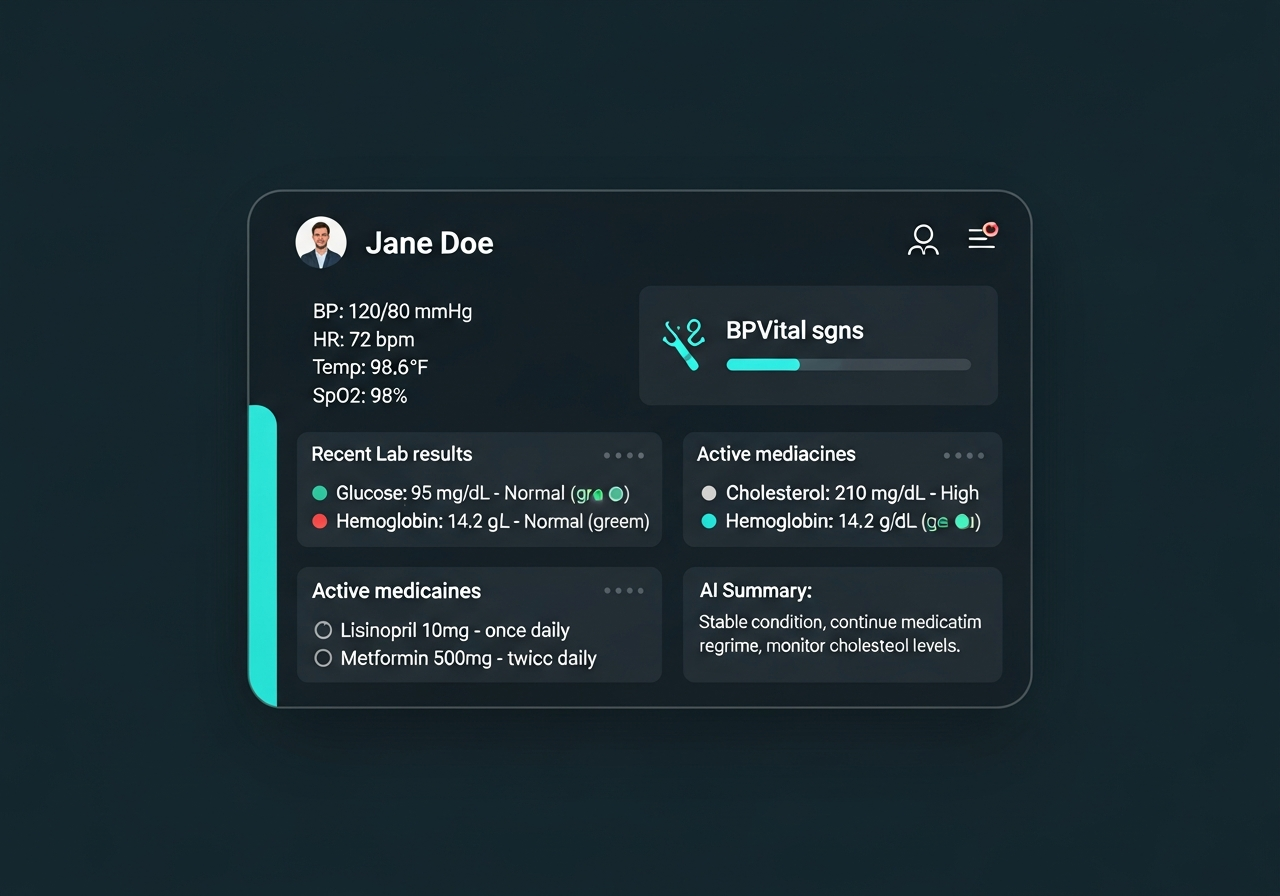 MediSphere patient health one-pager summary UI